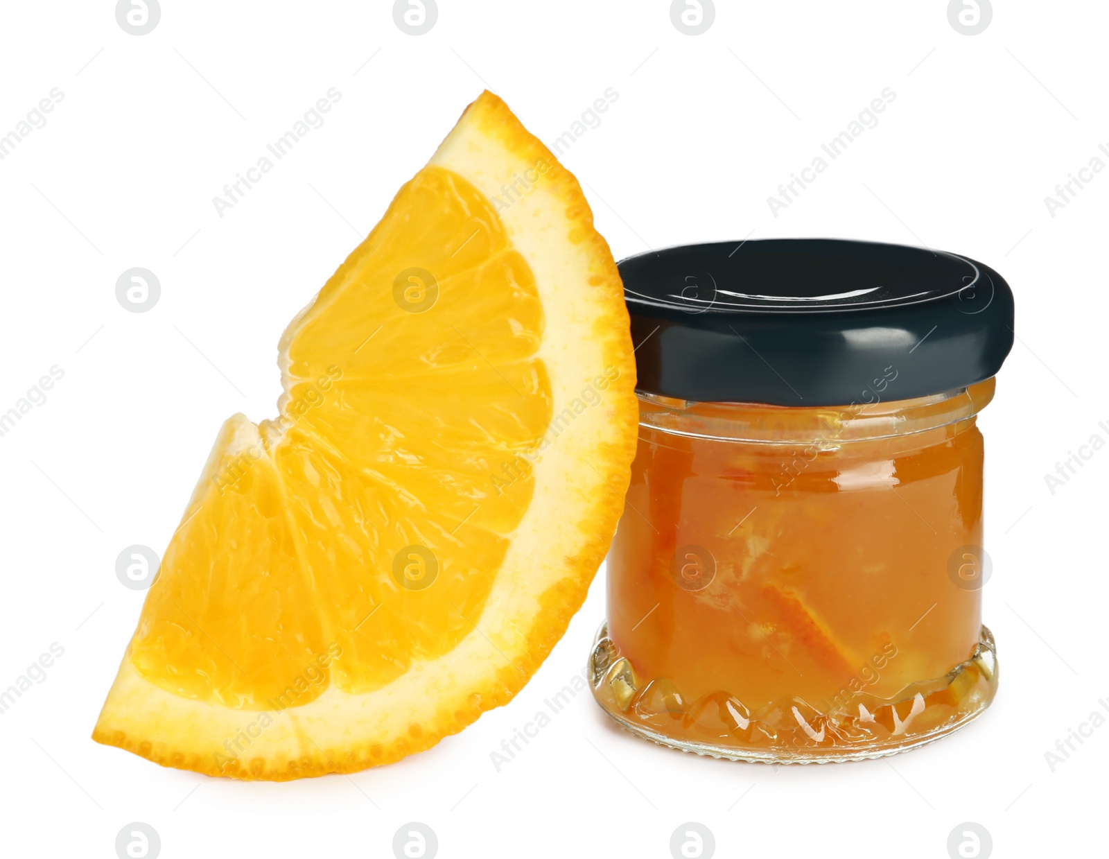 Photo of Jar with orange jam and fresh fruit on white background
