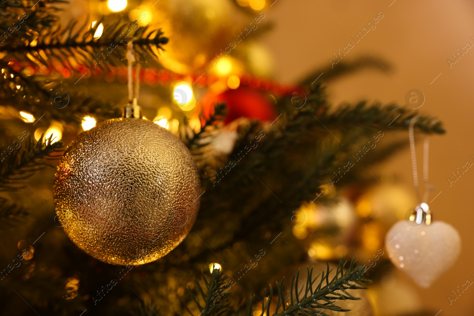 Photo of Christmas tree with beautiful decor, closeup. Space for text