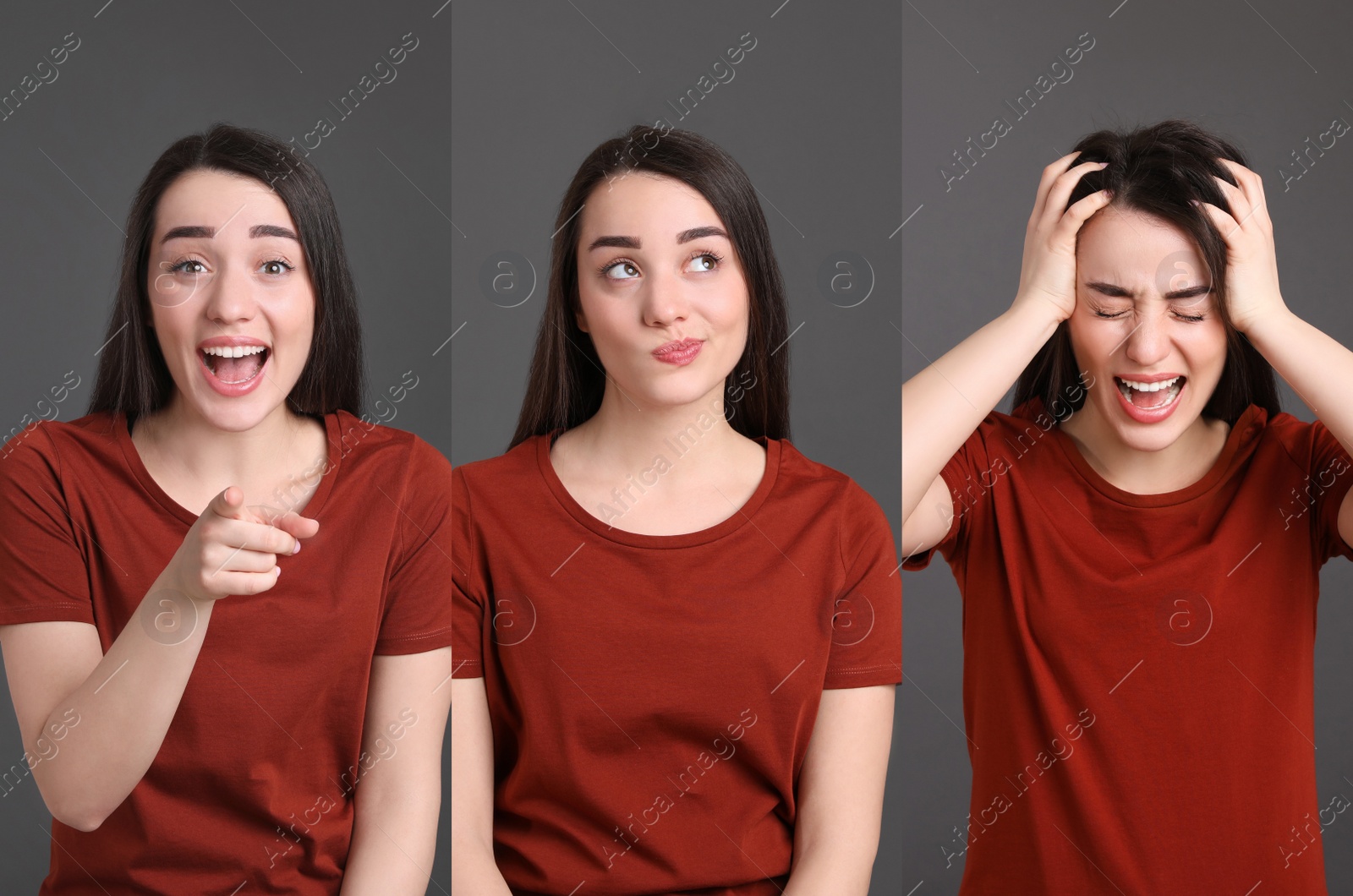 Image of Young woman expressing different emotions on grey background, collage. Personality concept