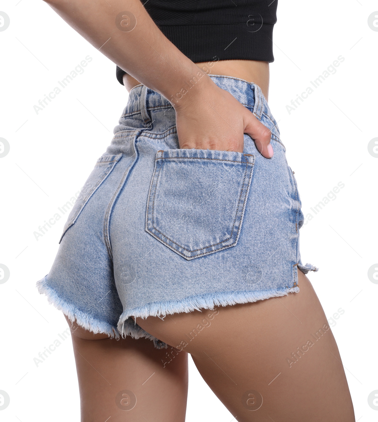Photo of Closeup view of slim woman on white background. Cellulite problem concept