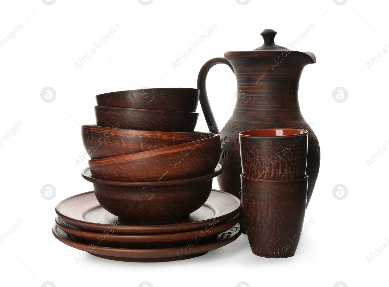 Photo of Set of stylish clay dishes on white background