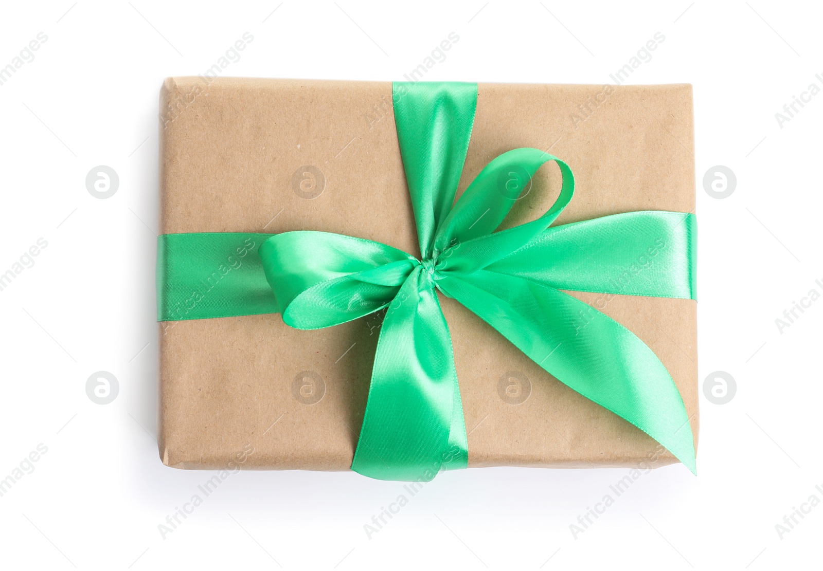 Photo of Beautifully wrapped gift box on white background, top view