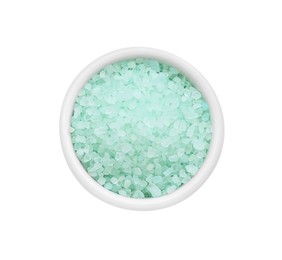 Photo of Bowl with turquoise sea salt isolated on white, top view