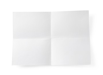 Photo of Blank paper sheet with creases isolated on white, top view