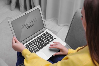 Photo of Woman unlocking laptop with blocked screen indoors, closeup