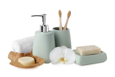 Photo of Bath accessories. Set of different personal care products and flower isolated on white