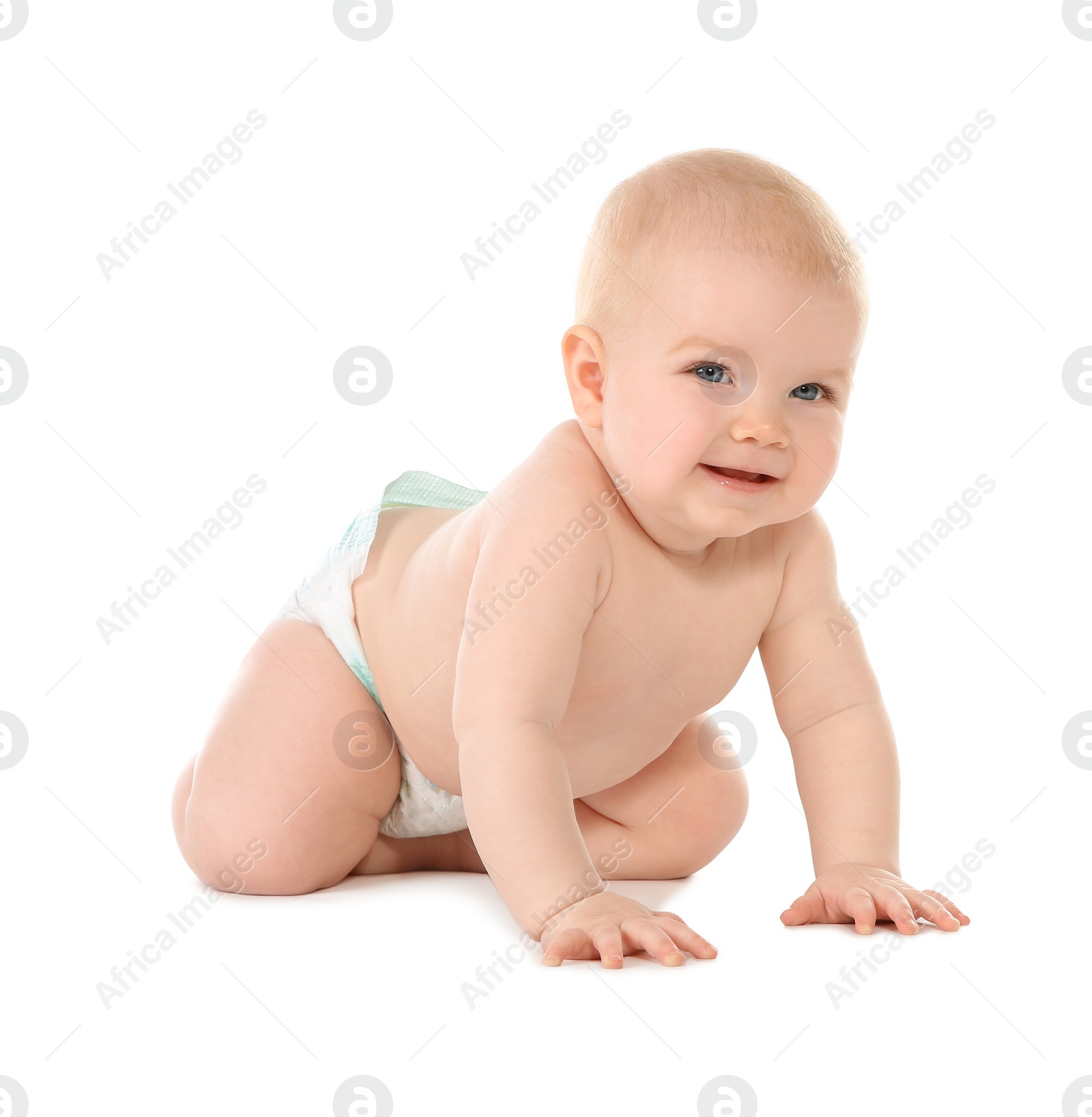 Photo of Cute little baby crawling on white background