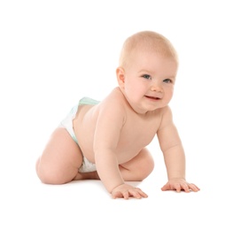 Cute little baby crawling on white background