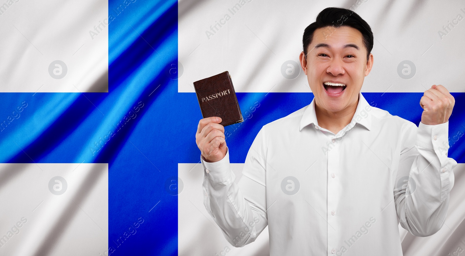 Image of Immigration. Happy man with passport against national flag of Finland, space for text. Banner design