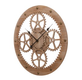 Photo of Stylish wall clock with wooden gears isolated on white