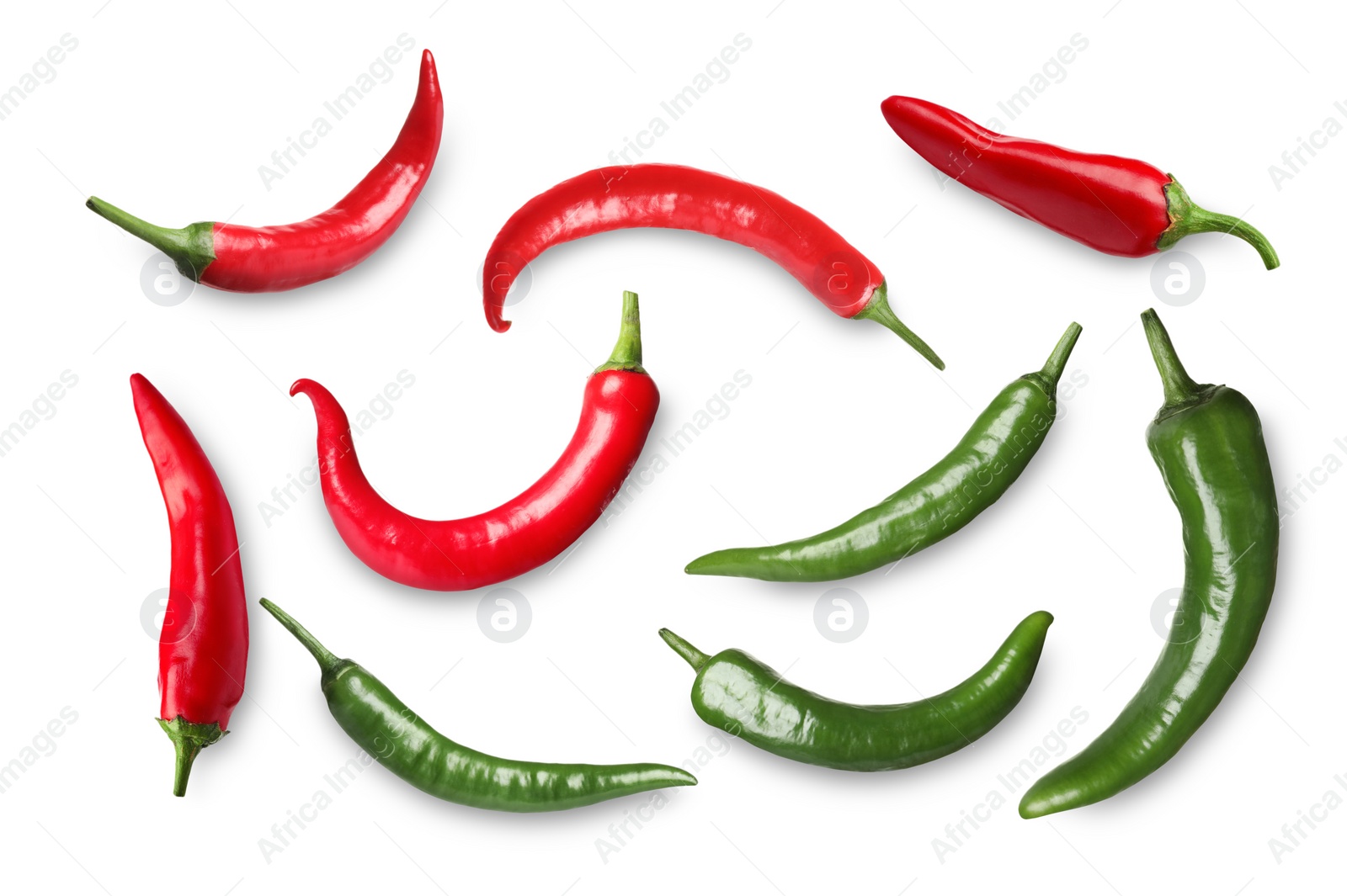 Image of Set with red and green hot chili peppers on white background