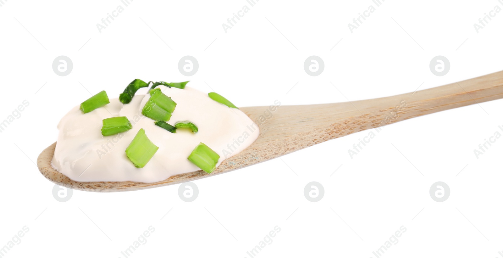 Photo of Fresh sour cream with onion isolated on white