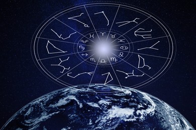 Zodiac wheel with astrological signs and Eart in night sky, illustration