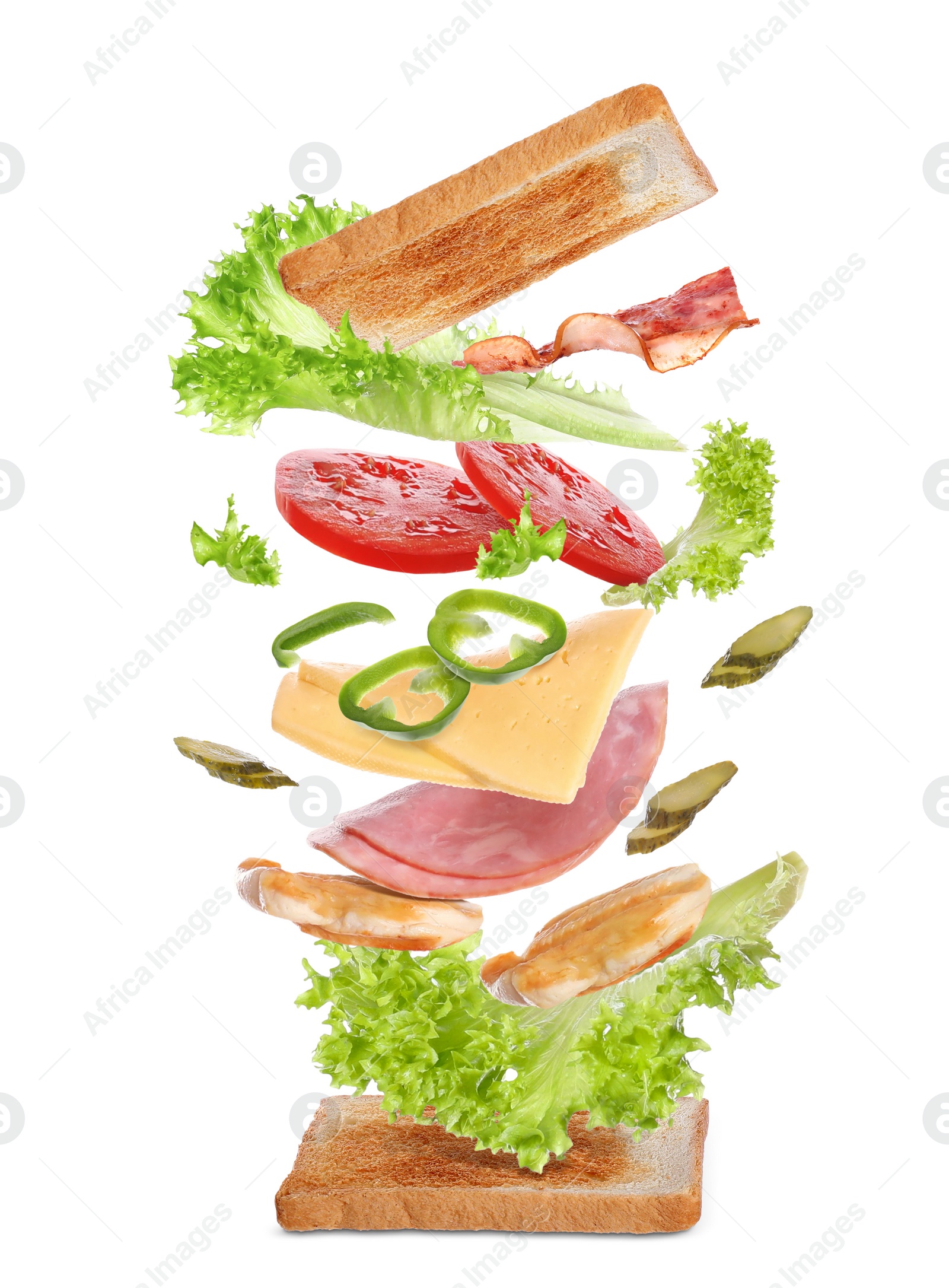 Image of Delicious sandwich with toasted bread on white background