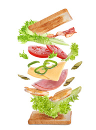 Image of Delicious sandwich with toasted bread on white background