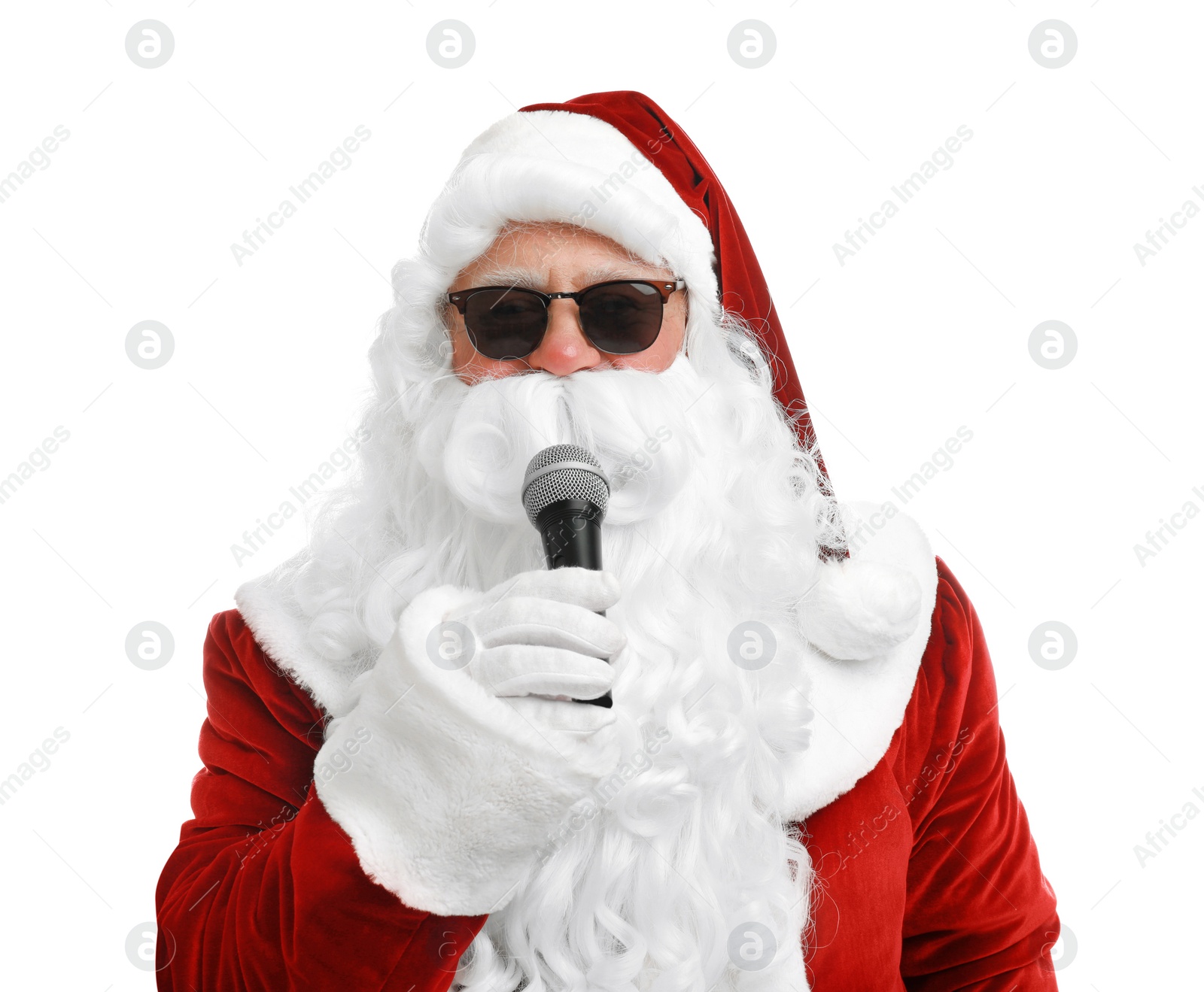 Photo of Santa Claus singing on white background. Christmas music