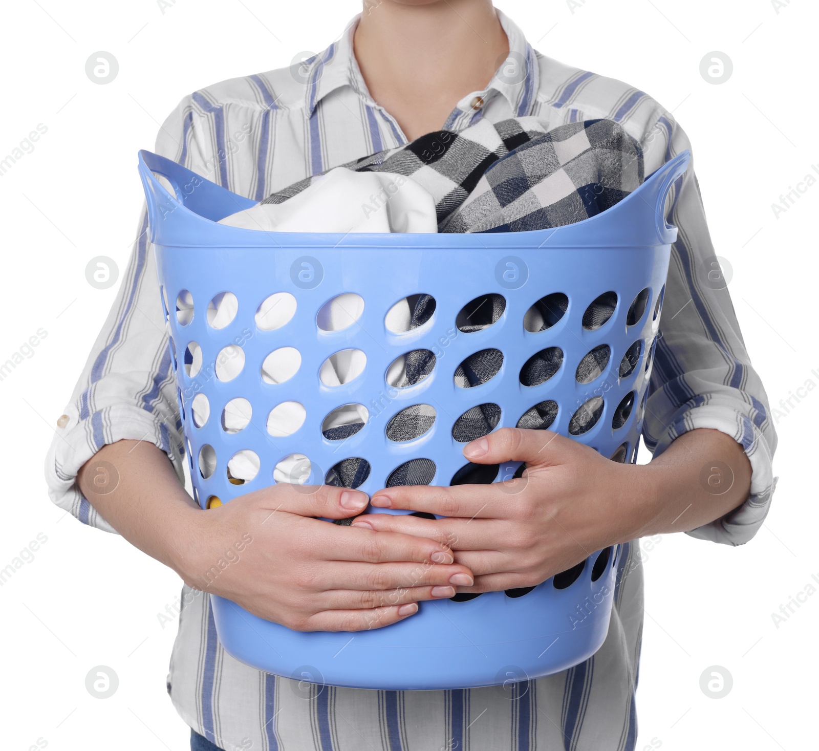 Photo of Woman with basket full of clean laundry on white background, closeup