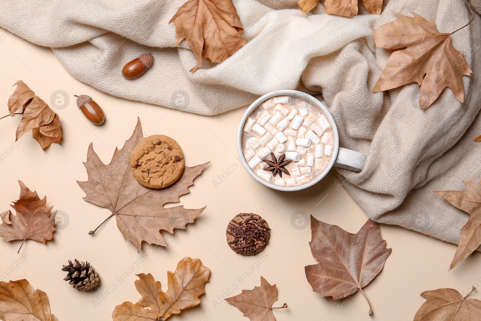 Photo of Flat lay composition with hot cozy drink and autumn leaves on color background