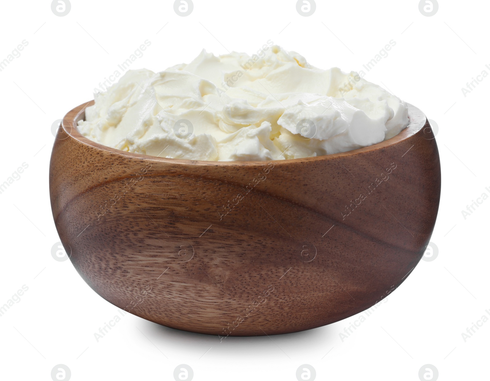 Photo of Bowl of tasty cream cheese isolated on white 