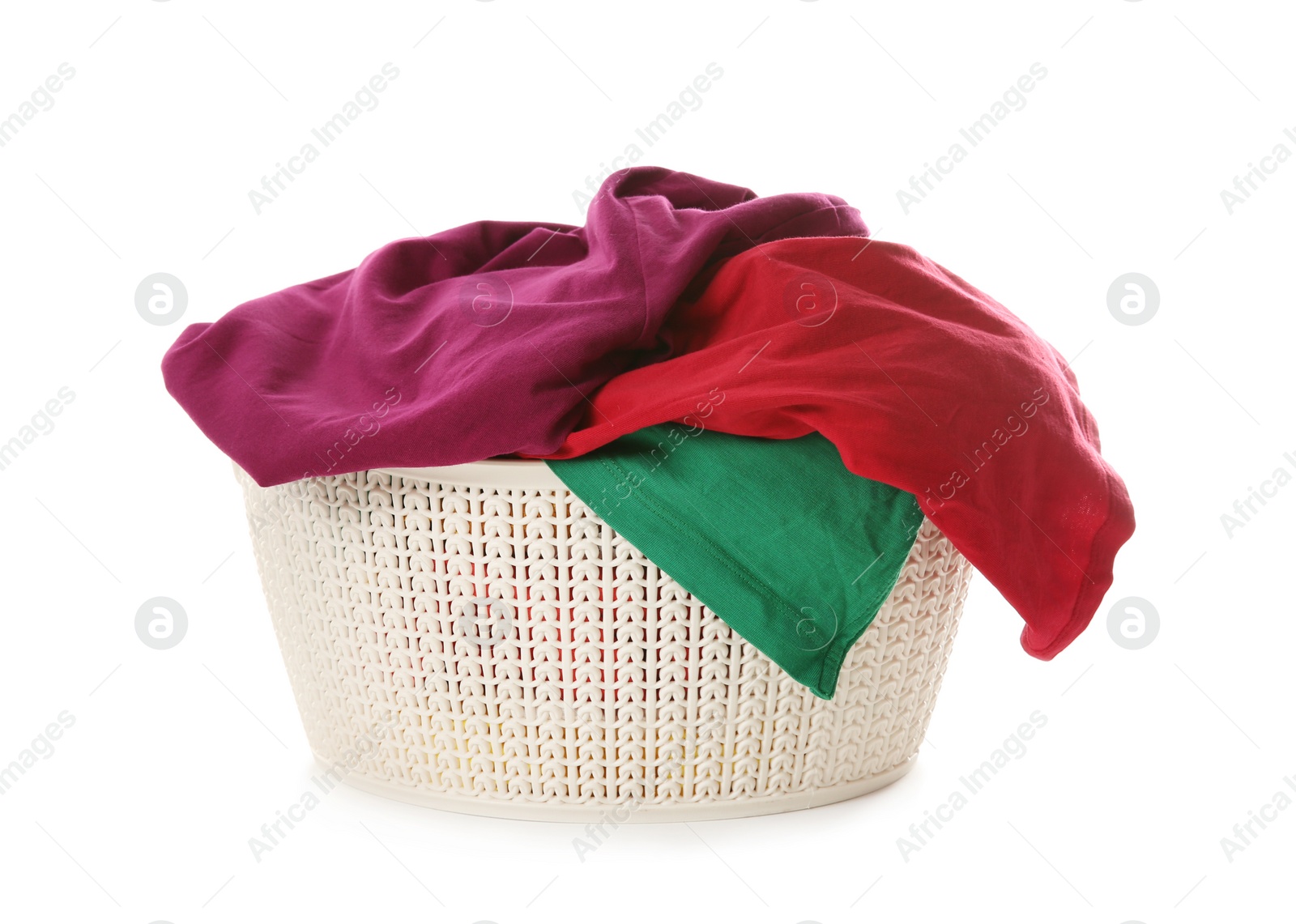 Photo of Laundry basket with dirty clothes on white background