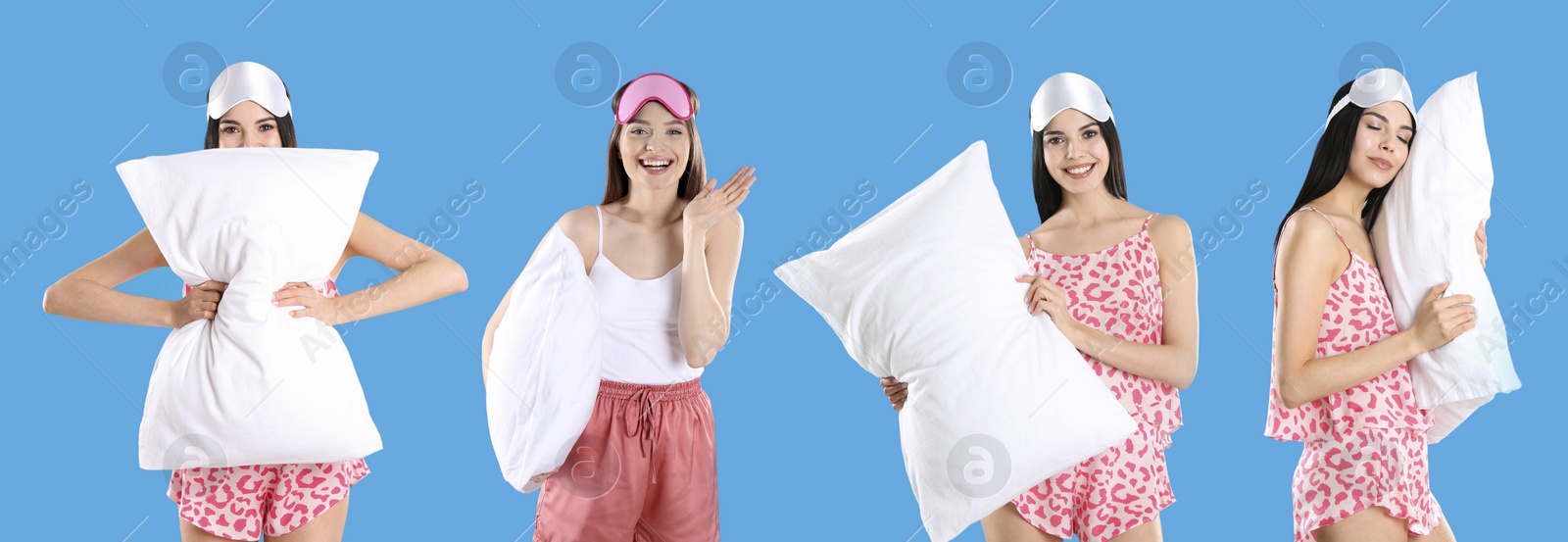 Image of Collage of young women in pajamas with pillows against blue background. Banner design