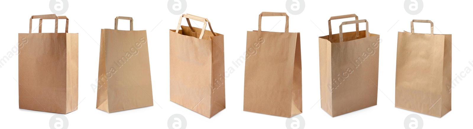 Image of Set with kraft paper bags on white background. Banner design