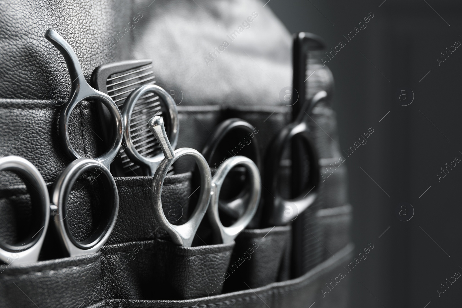 Photo of Hairdresser tools. Professional scissors and combs in leather organizer on blurred background, closeup. Space for text