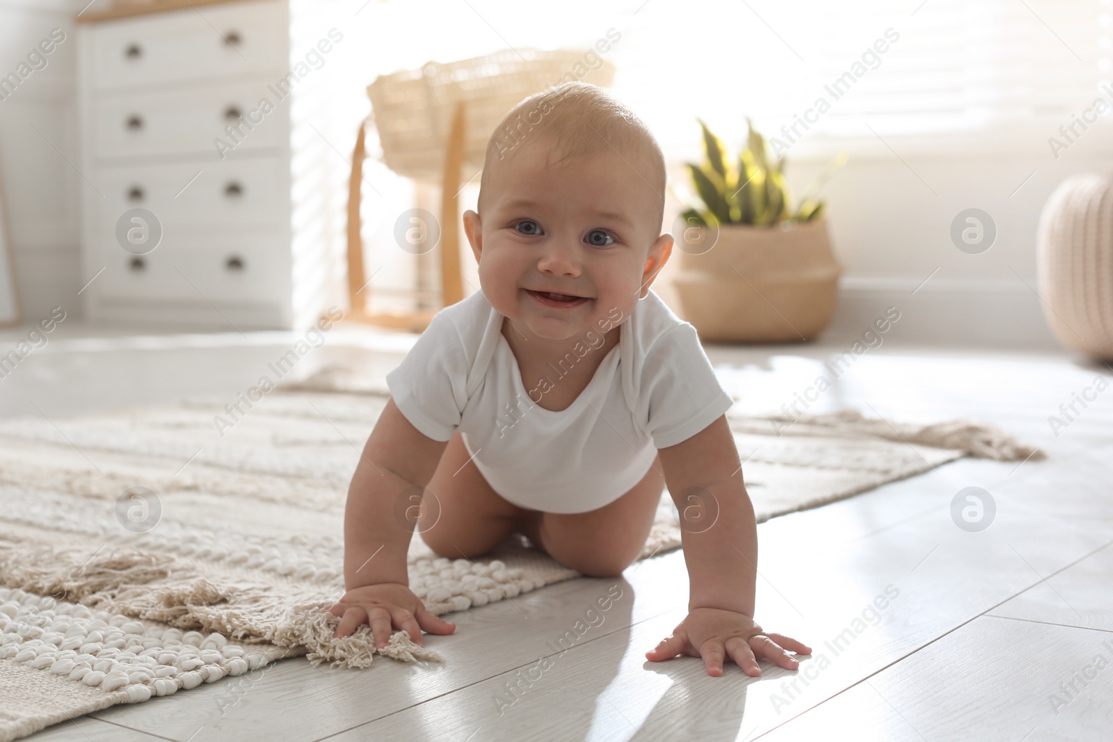 Photo of Cute baby crawling on floor at home