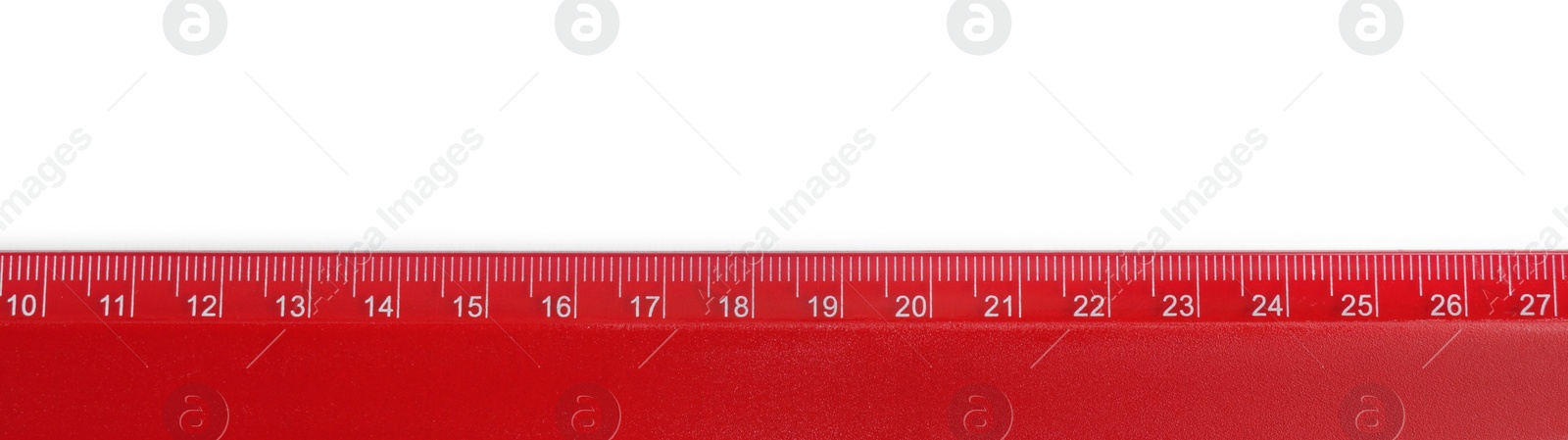 Photo of Ruler with measuring length markings in centimeters isolated on white, top view