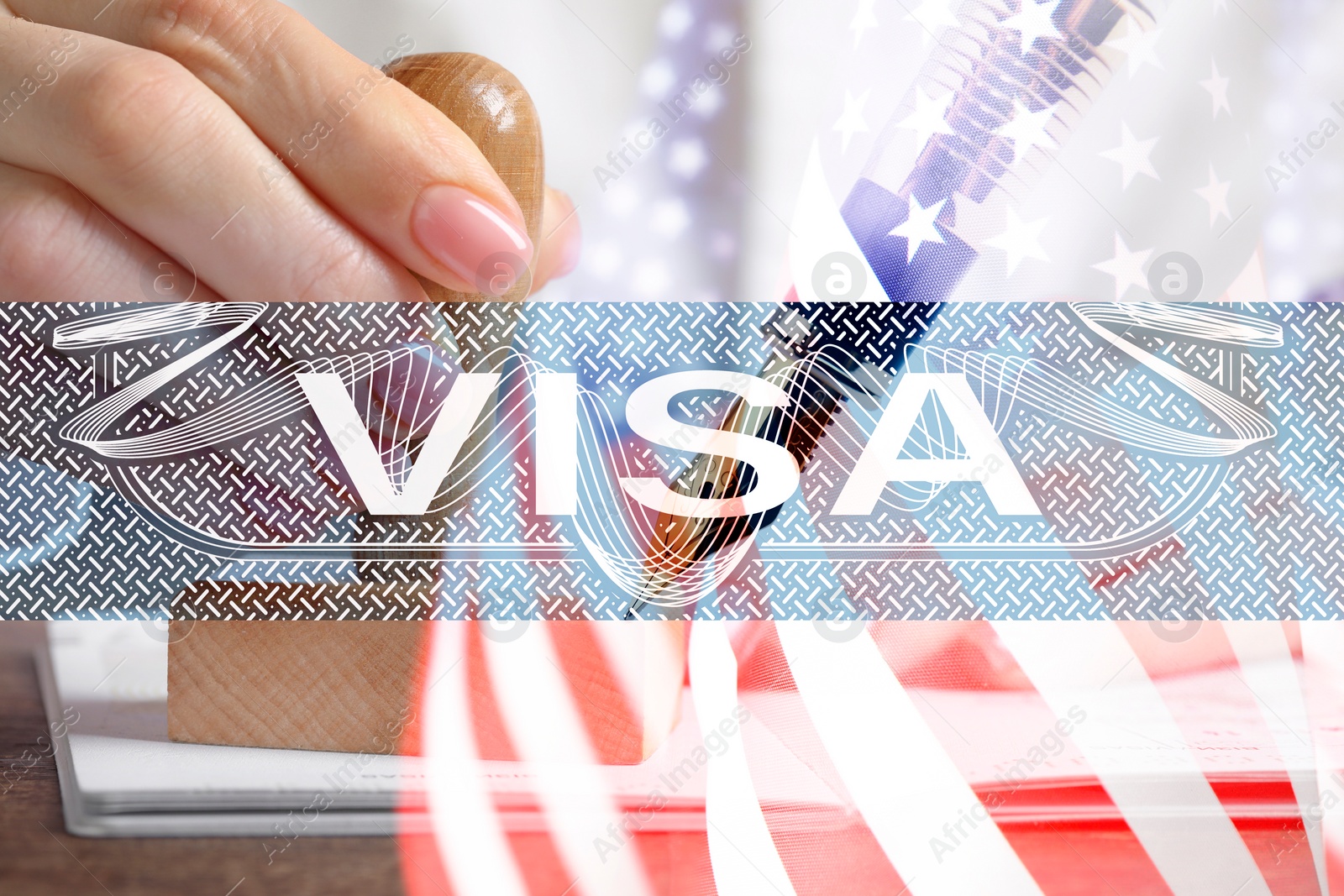 Image of Visa to United States of America, multiple exposure with national flag of USA