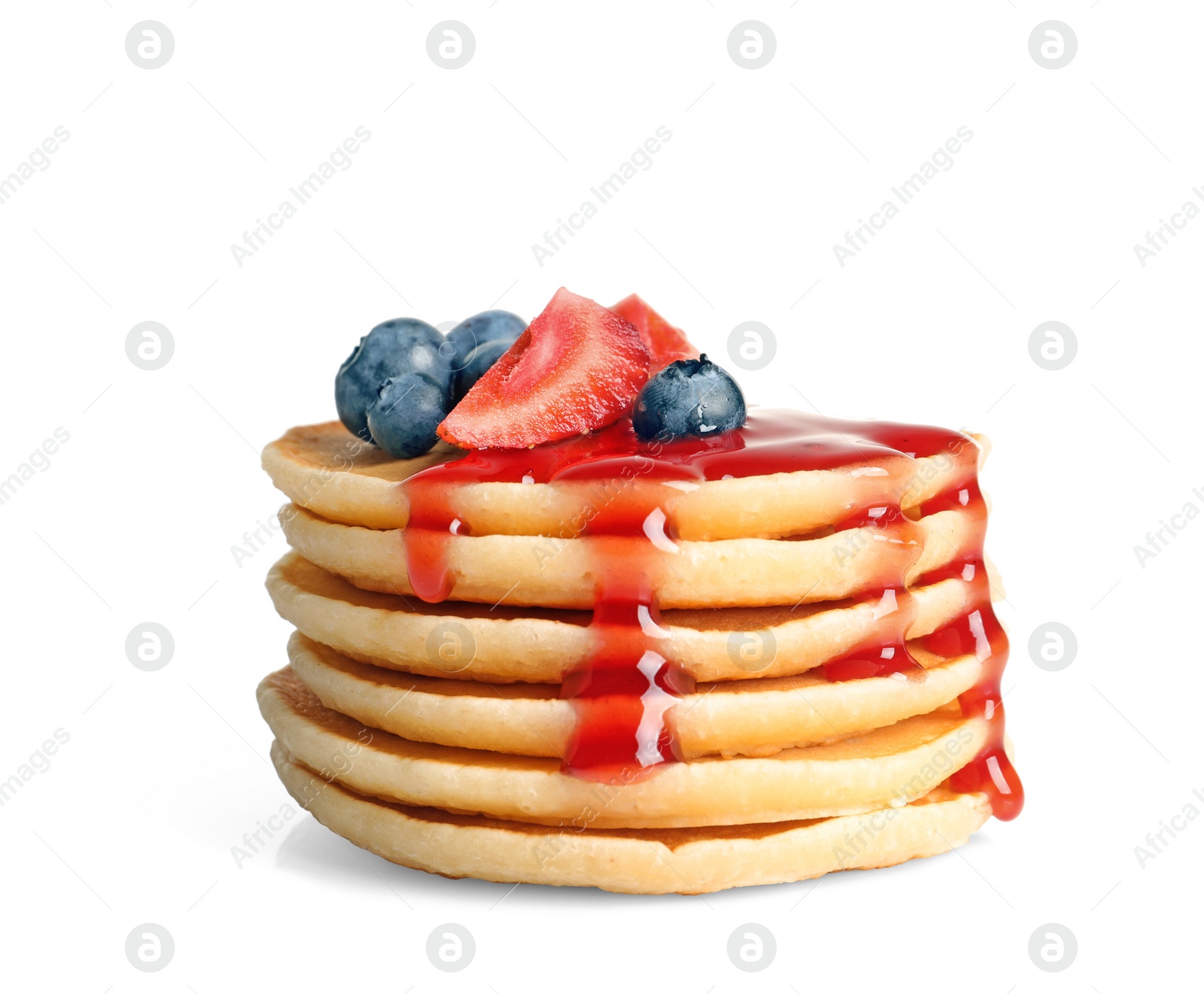 Photo of Stack of pancakes with berries and syrup on white background