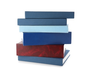 Photo of Stack of hardcover books on white background