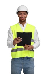 Engineer in hard hat holding clipboard on white background