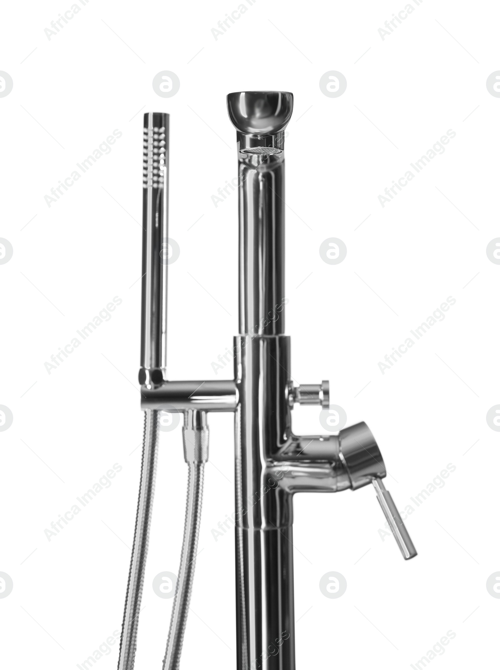 Photo of Modern bathtub water tap with hand shower on white background