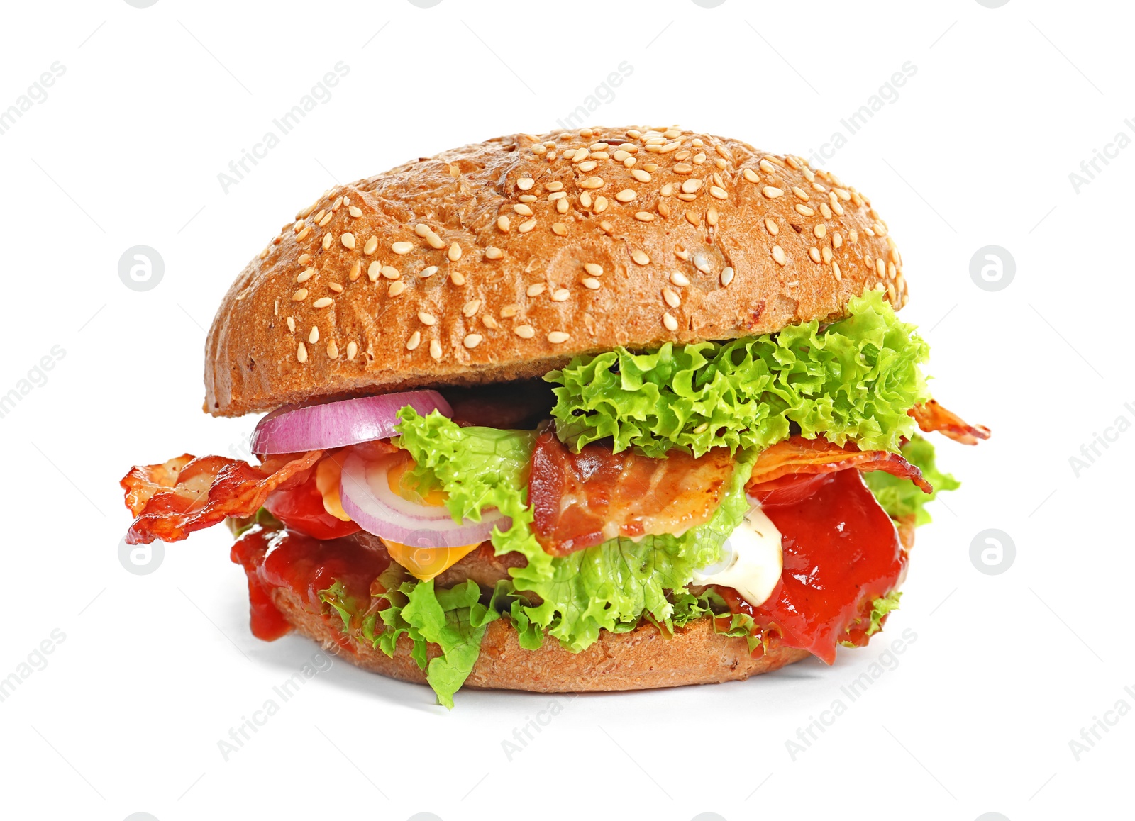 Photo of Tasty burger with bacon on white background