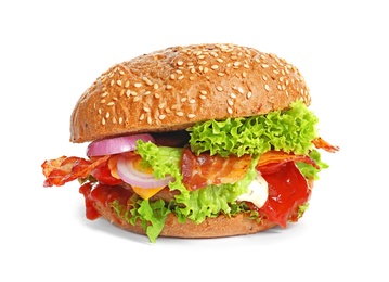 Photo of Tasty burger with bacon on white background