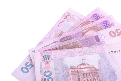 Photo of 50 Ukrainian Hryvnia banknotes on white background, closeup