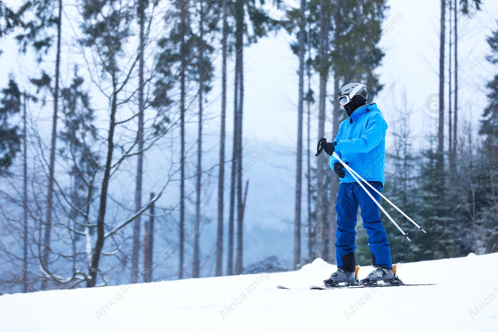 Photo of Skier on slope at resort, space for text. Winter vacation