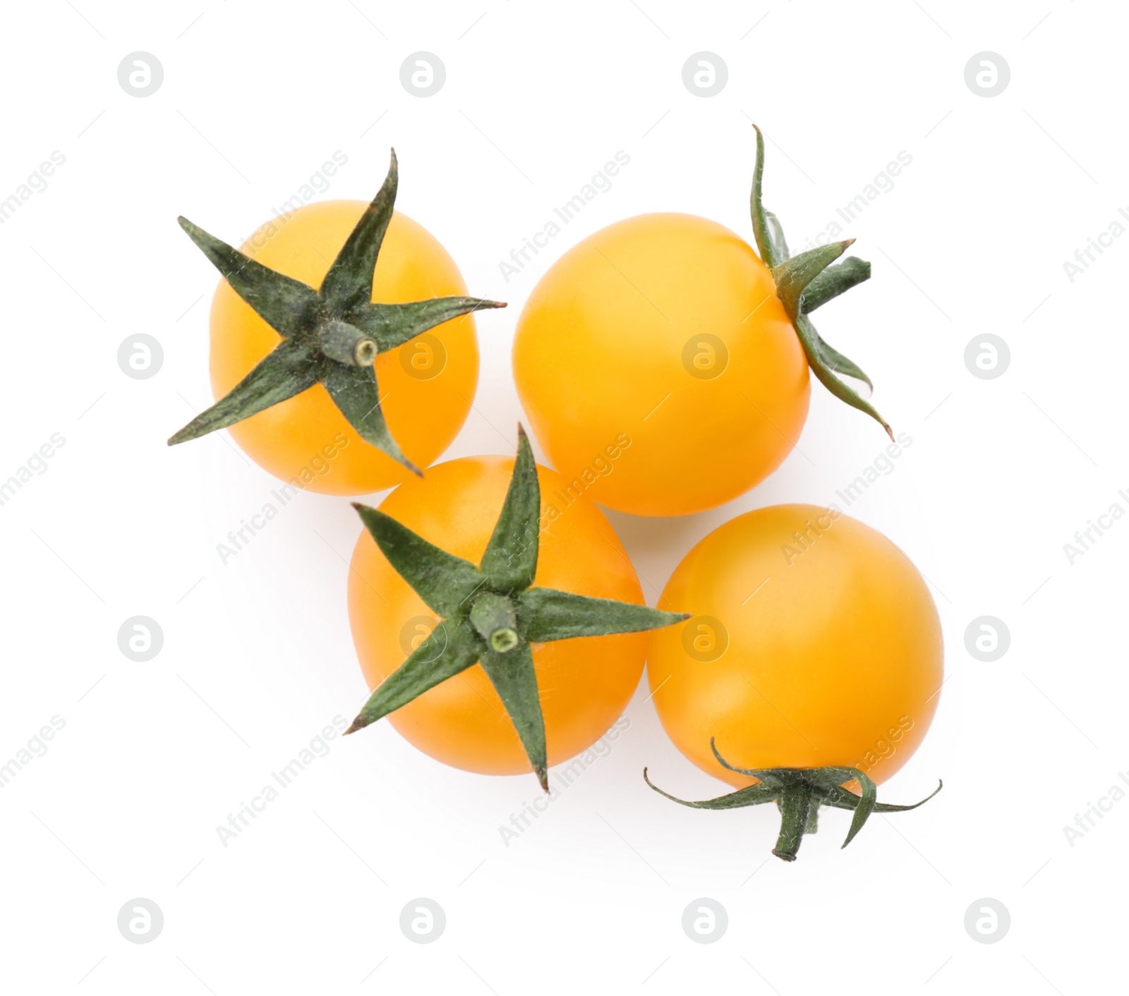 Photo of Ripe yellow cherry tomatoes on white background, top view