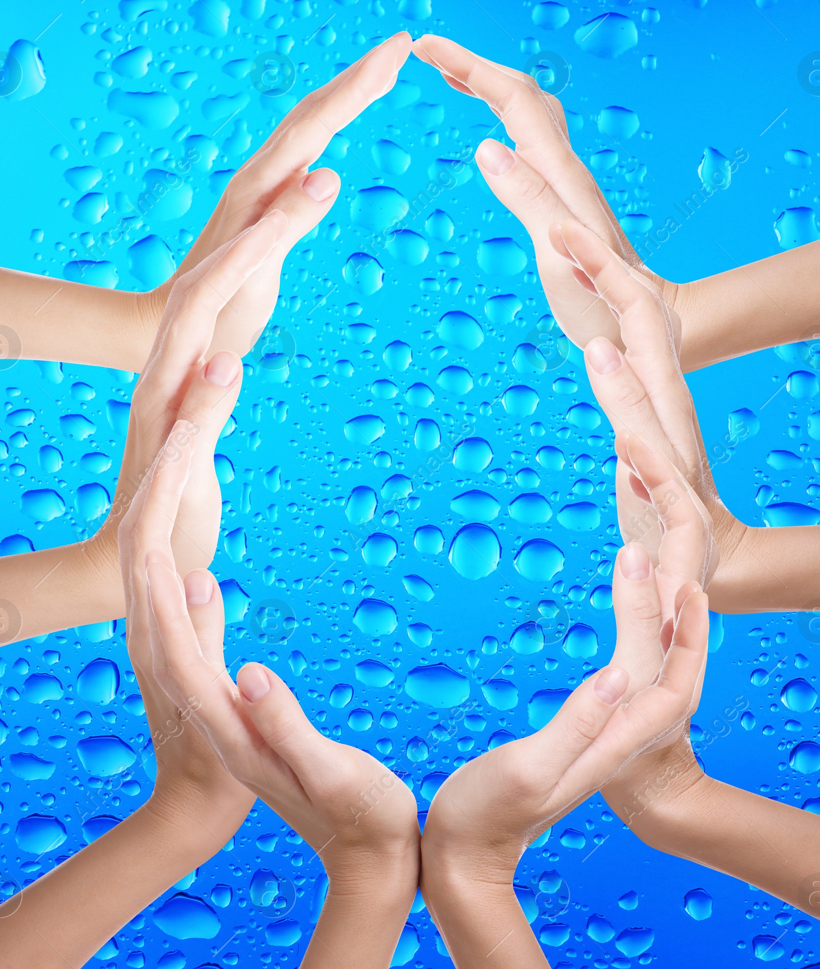 Image of Men forming water drop with their hands on blue background. Ecology protection