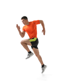 Photo of Athletic young man running on white background, side view