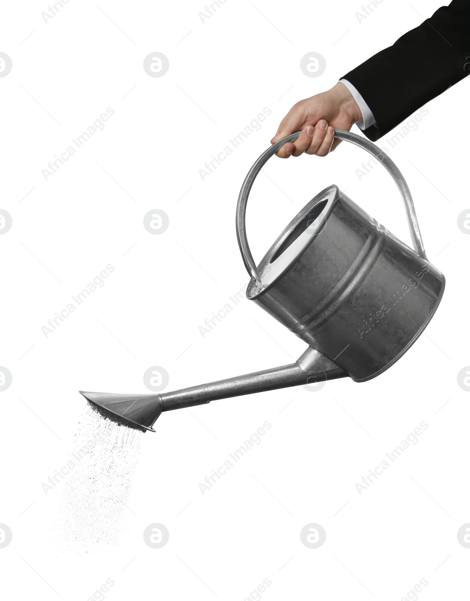 Photo of Businessman pouring water from can on white background, closeup