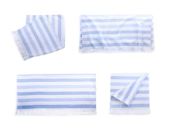 Set with soft towels on white background, top view 