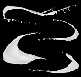 Image of Set with abstract splashes of milk on black background 