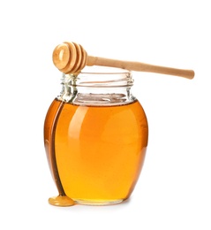 Photo of Jar with delicious honey and dipper on white background