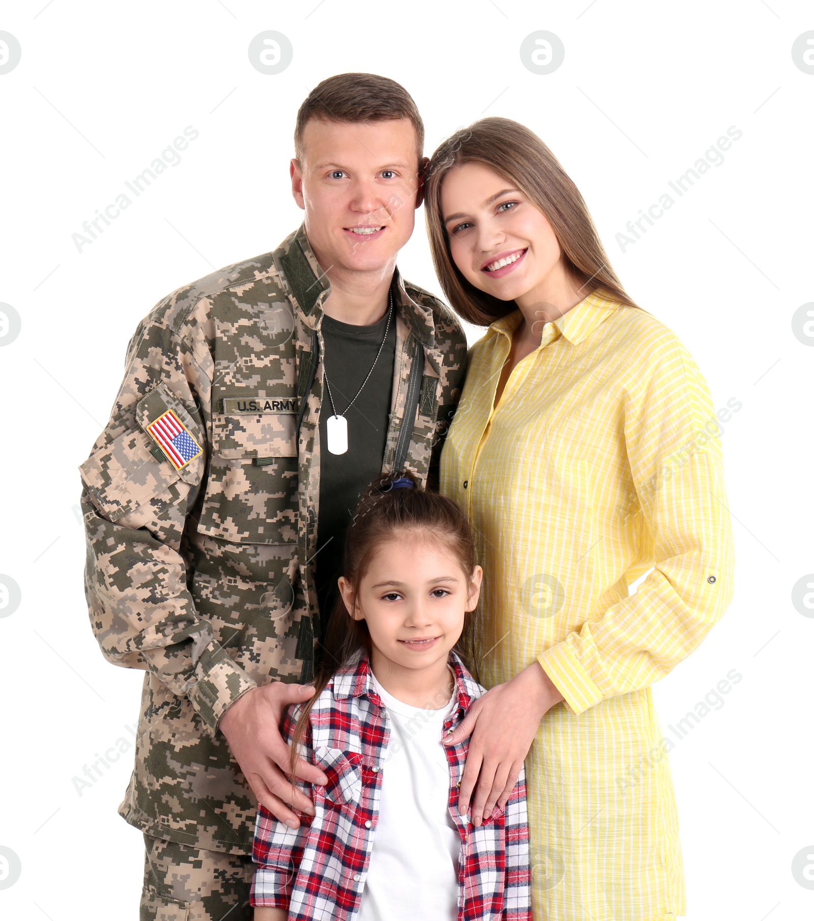Photo of Male soldier with his family on white background. Military service
