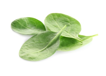 Fresh green leaves of healthy baby spinach on white background