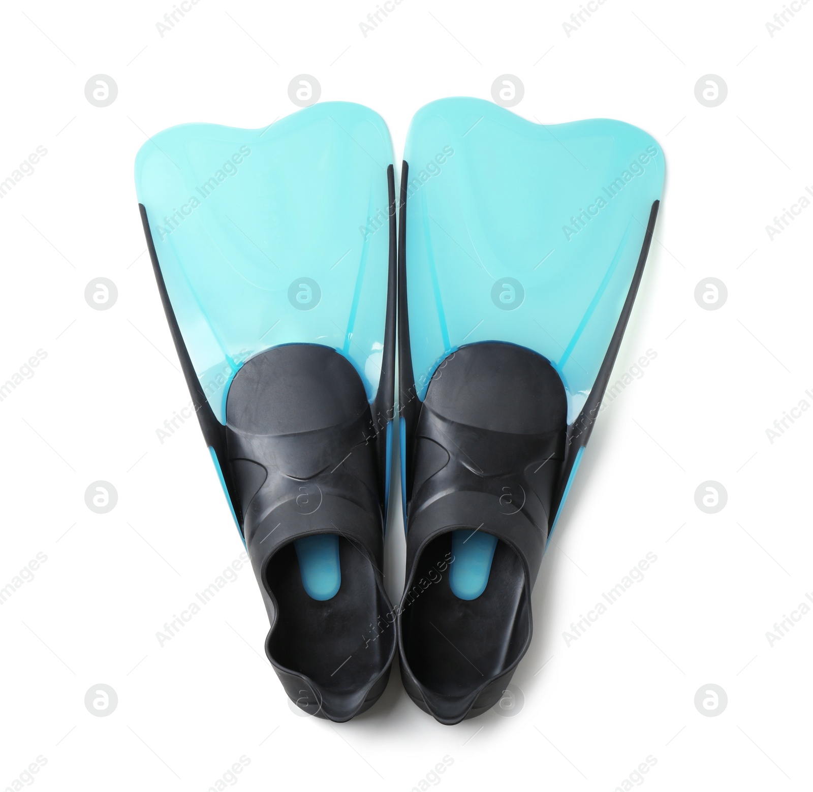 Photo of Pair of blue flippers on white background, top view