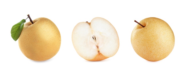 Set with fresh ripe apple pears on white background, banner design 