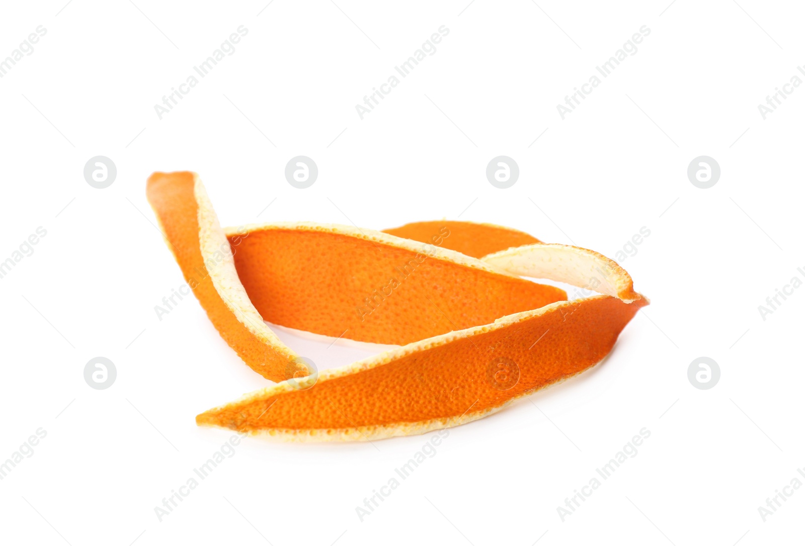 Photo of Pile of dry orange peels on white background